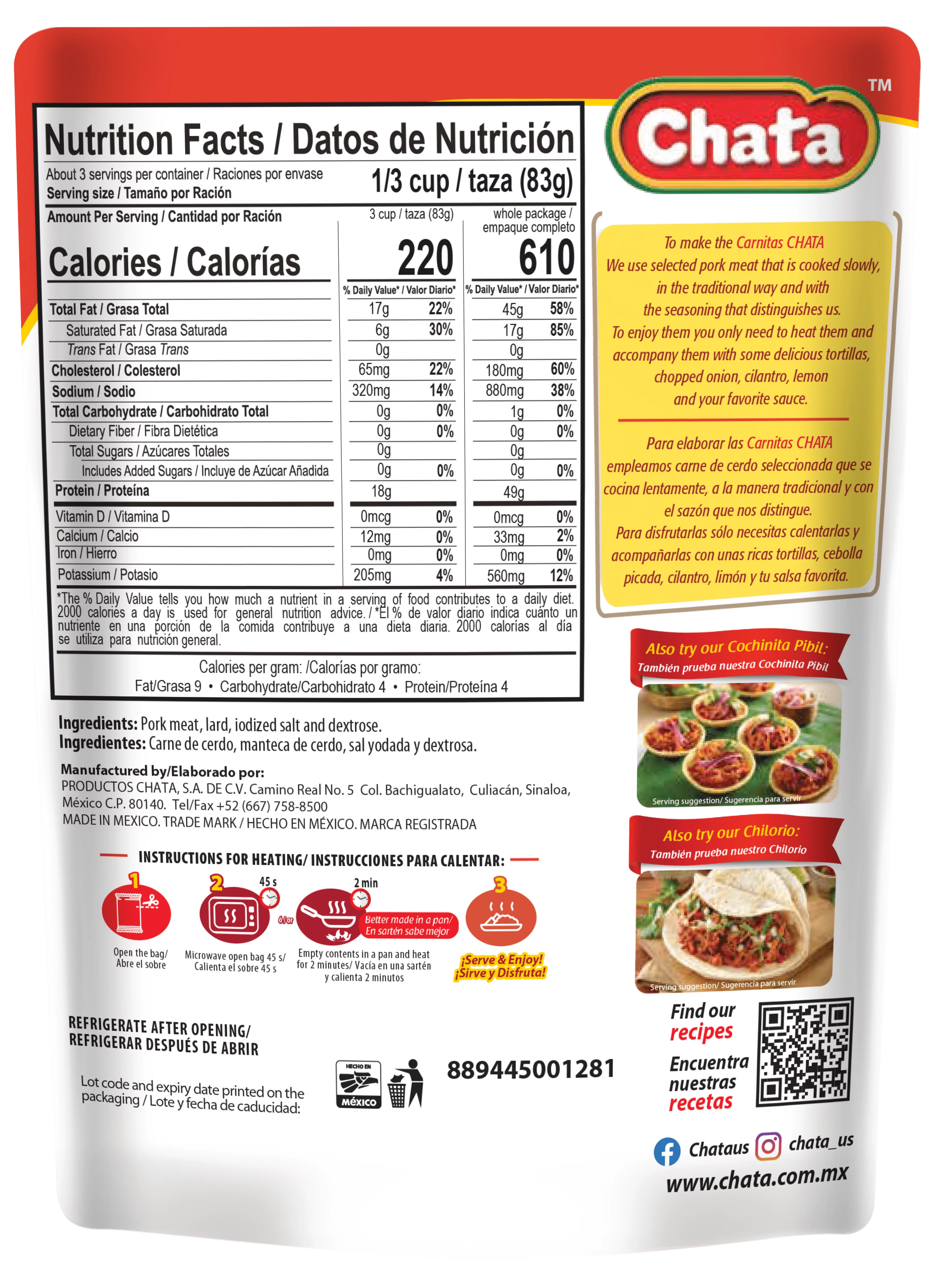 Chata Pork Carnitas Pouch, 8 oz, Pack of 6