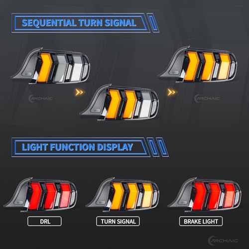 Archaic Colorful Tail Lights Assembly Compatible with 2015-2023 Ford Mustang Shelby GT350 GT500,Tail Lamp with Start Up Animation & Sequential Turn Signal