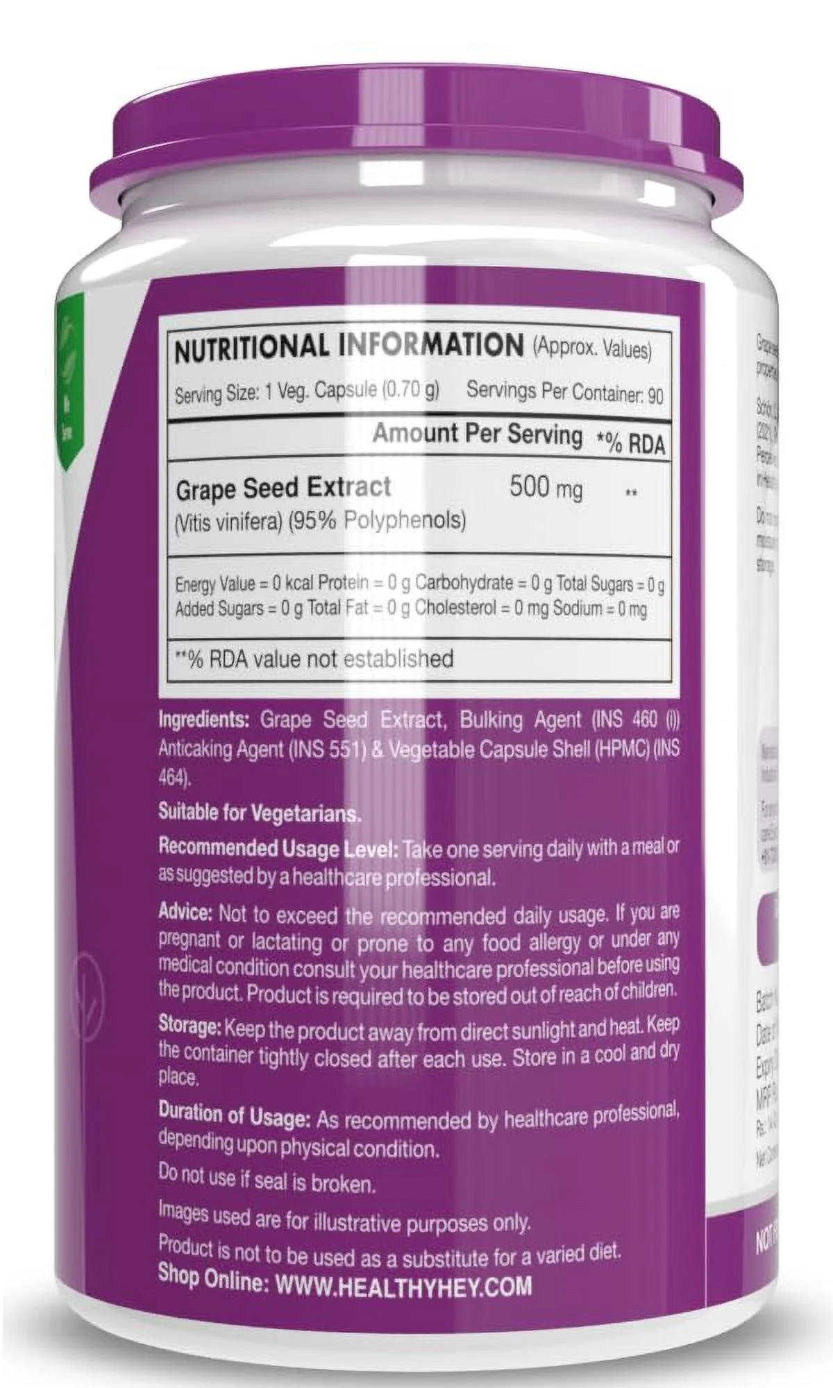 HealthyHey Nutrition Grape Seed Extract | Maximum Strength | 95% Polyphenols | 3 Month Supply | 90 Veggie Caps | (Pack of 1)