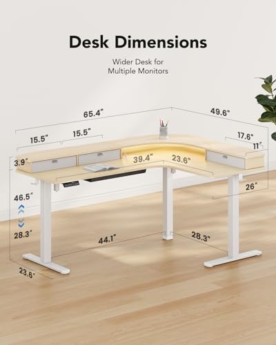 HUANUO 65″ L-Shaped Standing Desk with Power Outlets & LED Strip, Electric Height Adjustable Corner Computer Desk, Sit Stand Up Desk with 3 Drawers, Black