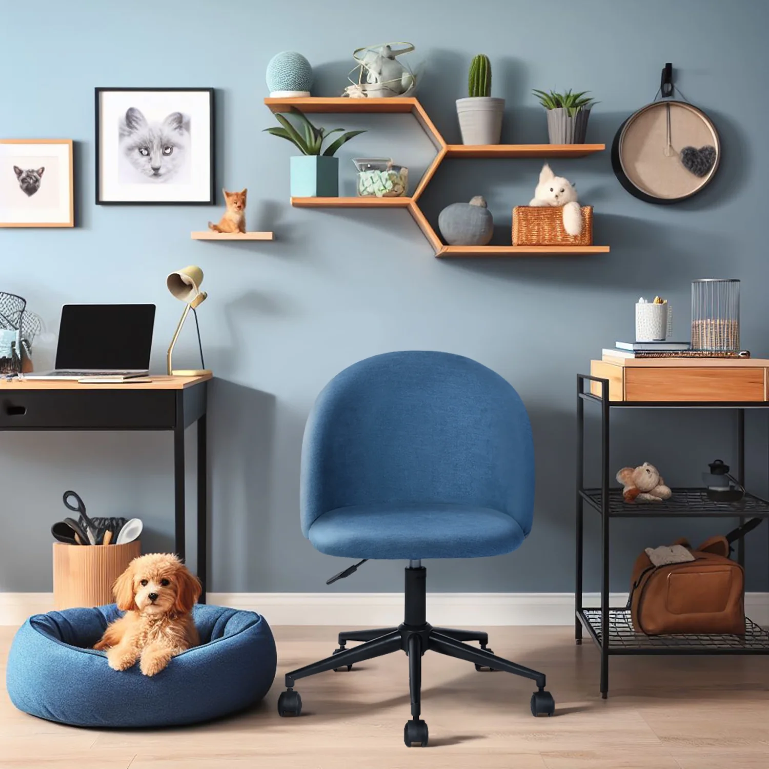 Homy Casa Adjustable Home Office Chair, Swivel  Fabric Upholstered Task Chair Armless Desk Chair for Bedroom, Vanity Room, Blue