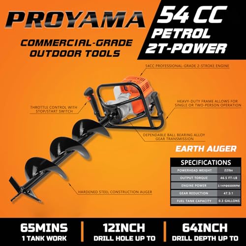 PROYAMA 54cc Post Hole Digger Gas Powered 2 Cycle Earth Auger, 5-Year Warranty Gear Box, 4 Drill Bits 4