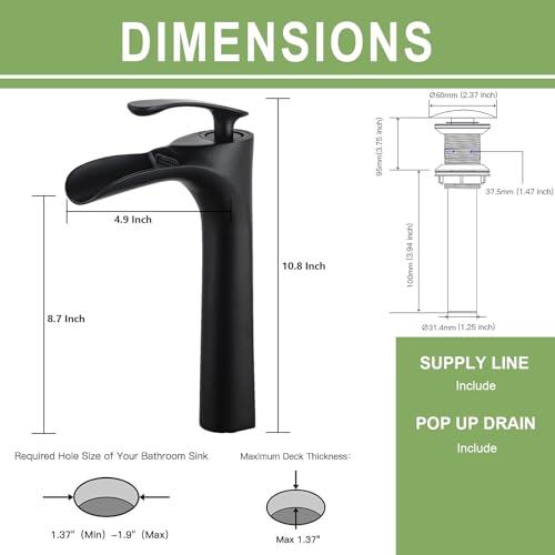 Bathroom Vessel Sink Faucet, Waterfall Oil Rubbed Bronze Bathroom Faucet, Vessel Faucet, Tall Body 1 Hole Single Handle with Pop Up Drain Combo Vanity Mixer Tap Basin Bowl Sink