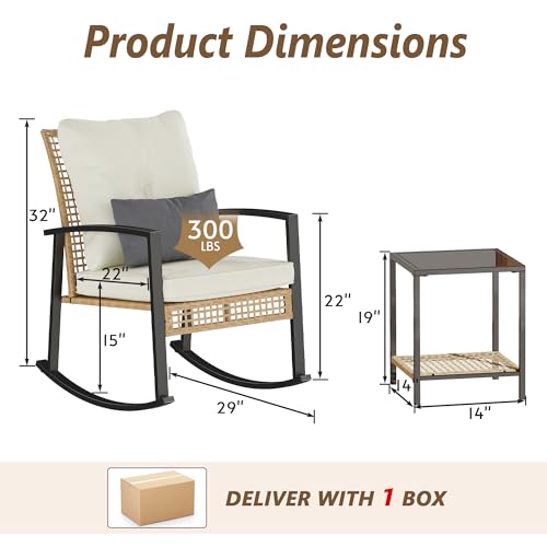 3 Piece Patio Rocking Chairs Set of 2, Outdoor Rocking Chair Bistro Set with Tempered Glass Coffee Table and Thick Lumbar Pillow Set, Front Porch Chairs for Garden, Backyard, Poolside (Beige)