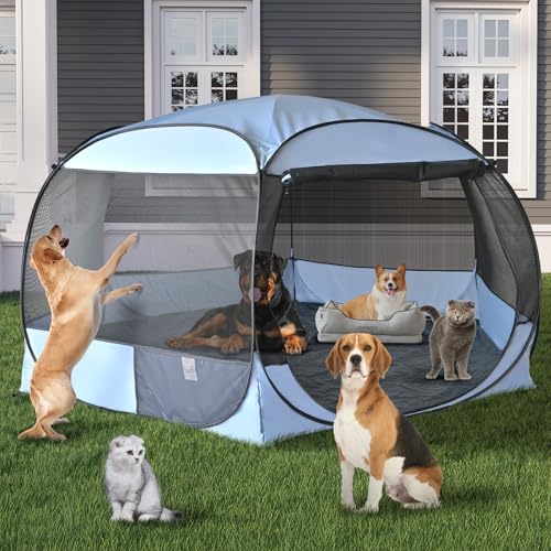 EighteenTek XLarge Popup Portable Dog Houses, 5.3'x4'H Assembly-Free Gazebo-Style Dog Cot Cat Playpen Screen Pet Tent Sun Shade Shelter Dog Bed with Canopy for Outdoor, Anti-Bugs with Leakproof Bottom