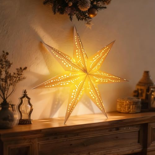 5Pcs Christmas Paper Snowflake Lanterns, Large Christmas Paper Star Lanterns with LED Lights White Beige Khaki Hanging Snowflake Lamps for Xmas Winter Frozen Wedding Birthday Holiday Party Decorations