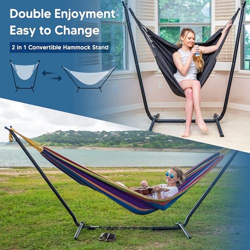 SUNCREAT 2-in-1 Hammocks Hammock Chair with Stand, 475 lbs Capacity, Heavy Duty Two Person Hammock with Stand, Patent Pending, Blue Stripe