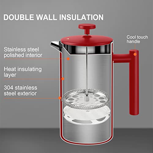Secura French Press Coffee Maker, 304 Grade Stainless Steel Insulated Coffee Press with 2 Extra Screens, 34oz (1 Litre), Silver