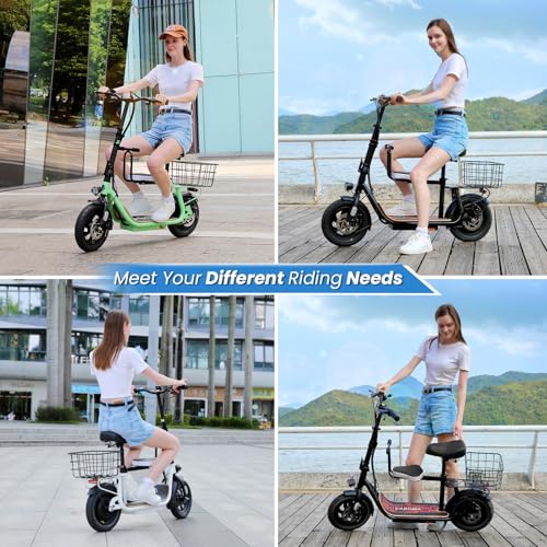 Caroma Peak 500W/800W/1200W Electric Scooter with Seat, 30 Miles Max Range Electric Scooter Adults&Teens, 48V Large Battery, 20MPH Top Speed Foldable Ebike, Adjustable E-Bike with Basket&Kid Seat