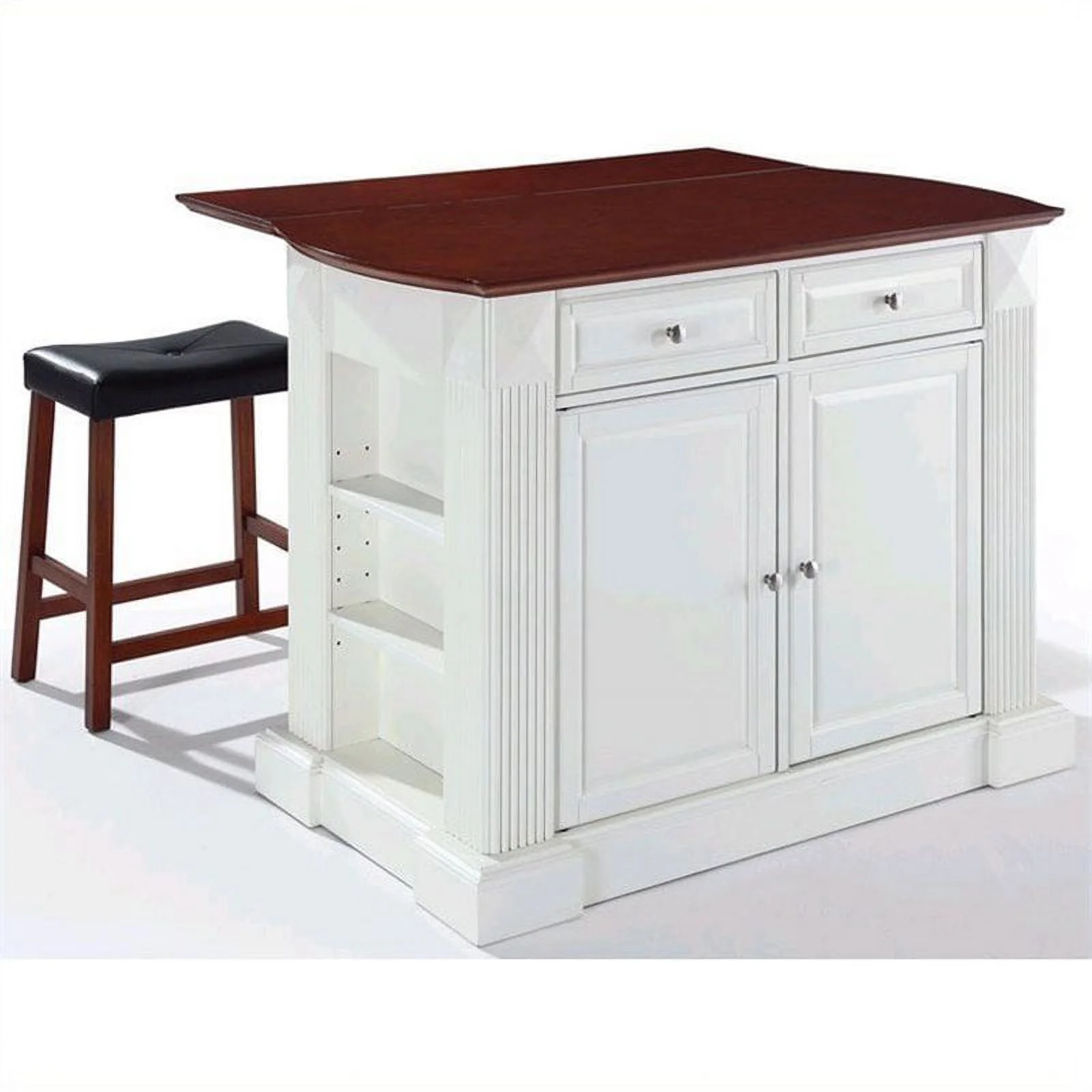Pemberly Row Wood Drop Leaf Breakfast Bar Kitchen Island with Stools in White
