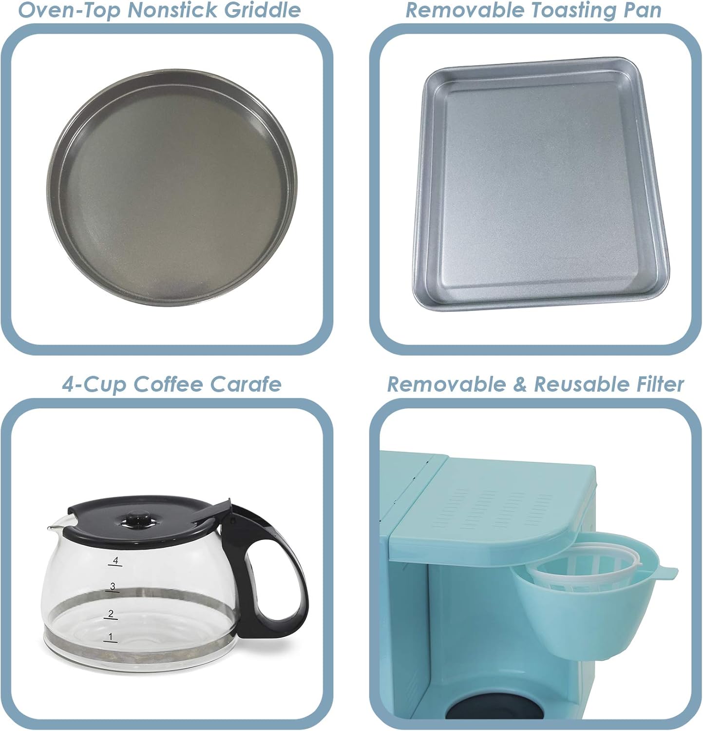 Americana EBK-200BL Retro Nostalgia 3-in-1 Breakfast Maker Station, 4 Cup Coffeemaker, Toaster Oven with Timer, Griddle, Aqua