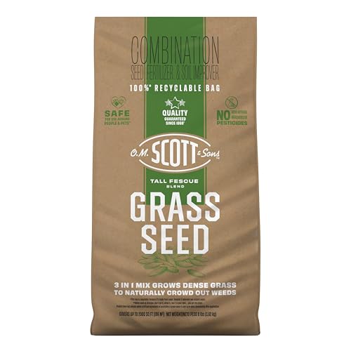 O.M. Scott and Sons Tall Fescue Blend Grass Seed, Fertilizer and Soil Improver, Naturally Crowds Out Weeds, Covers Up to 2,000 sq. ft., 8 lbs.