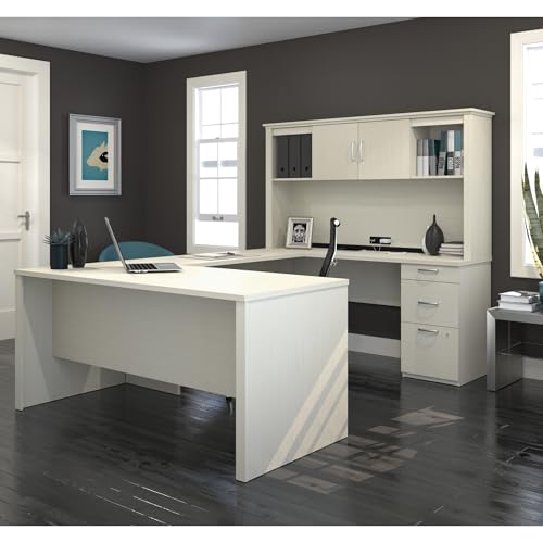 Bestar Logan 66W U or L-Shaped Executive Office Desk with Pedestal and Hutch in Bark Grey, Table Workstation for Personal Home Workspace