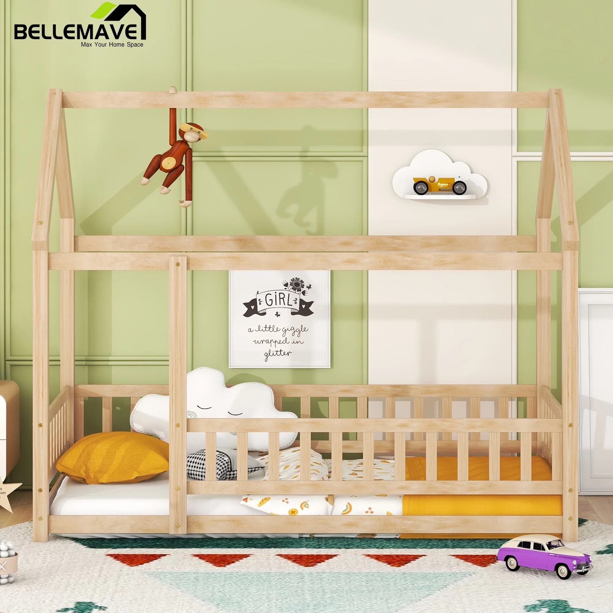 Bellemave Twin Size House Floor Bed with Fence Guardrails Playhouse Bed Frame Twin Wooden Floor Bed Montessori House Bed for Kids, Toddler, Boy, Girl, Natural Brown