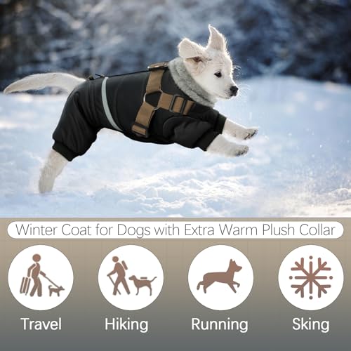 BRKURLEG Black Dog Coat with Harness, Dog Winter Jacket, Dogs Onesie Body Warm Jackets, Small Dogs Winter Coats Reflective Windproof Warm Cold Weather Coats, Pet Waterproof Jacket Hiking XL