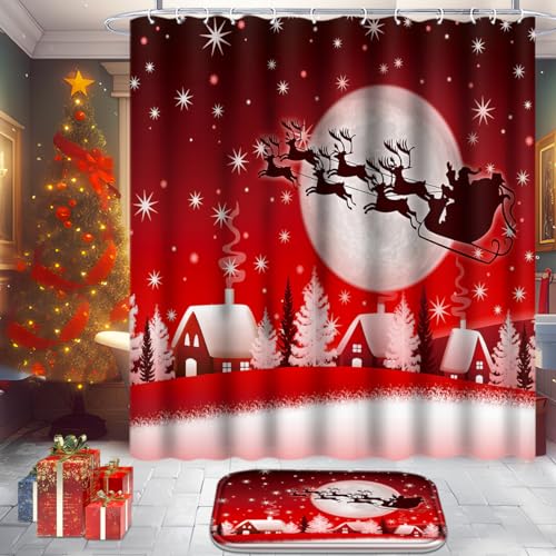 Poedist Christmas Bathroom Set Decor,Christmas Shower Curtain Sets with Rugs(Bath Mat,U Shape & Toilet Lid Cover Mat),with 12 Hooks,Shiny Christmas Tree