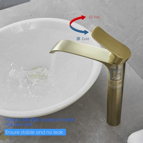 Tall Vessel Sink Faucet Bathroom Waterfall Faucet Brushed Gold Finished Single Handle Matte Black Vanity Bathroom Faucet Basin Mixer Tap with Water Supply Hose and Pop Up Sink Drain