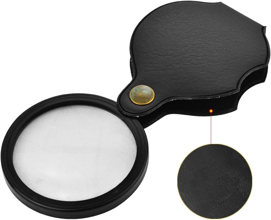 6X Mini Pocket Magnifying Glass Folding Pocket Magnifier Loupe with Rotating Protective Holster Leather Pouch for Reading,Science Class,Hobby (Black), 60mm/2.4