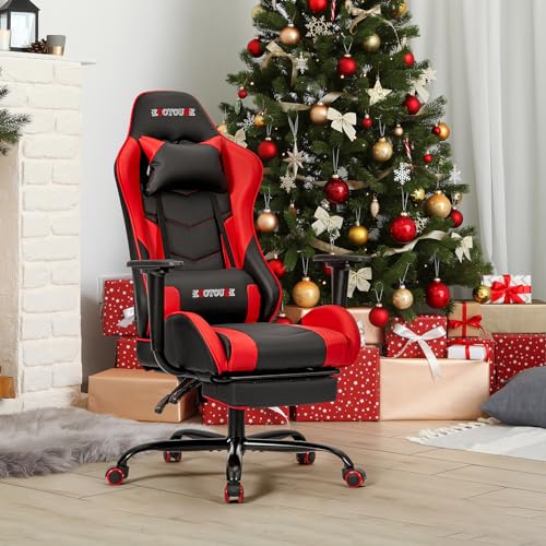 ECOTOUGE PC Massage Gaming Chair with Footrest Ergonomic Office Desk Chair Racing PU Leather Recliner Swivel Rocker with Headrest and Lumbar Pillow, Blue