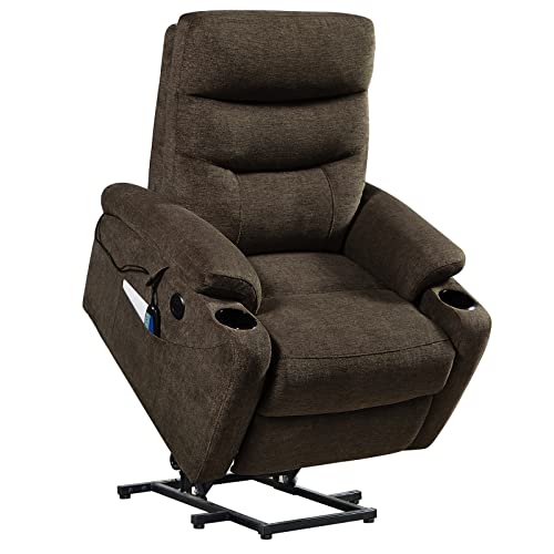 Lift Recliner Chair for Elderly,Power Vibration Massage Heated Arm Chair 2 Cup Holders,USB Charge Port,Fabric Single Sofa Seat Chair with 2 Side Pockets,Ergonomic Lounge Chair for Living Room (Brown)
