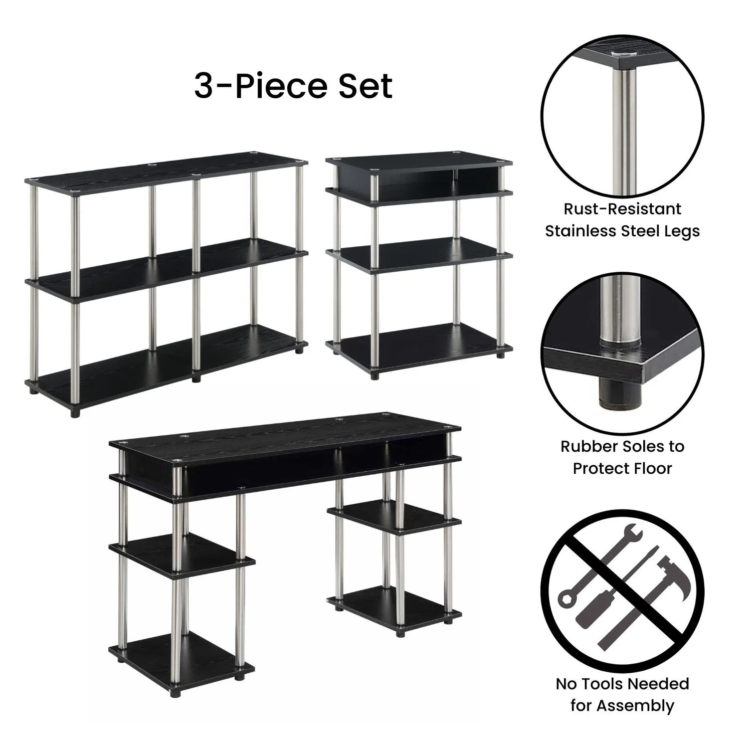 Designs2Go Desk with Printer Stand and Console Table Set in Black Wood Finish
