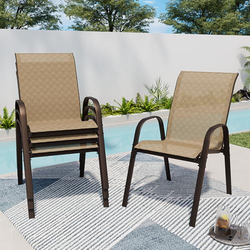 SWITTE Patio Chairs Set of 4 with Armrests, Outdoor Stackable Dining Chairs with Breathable Backrest and Metal Frame for Lawn, Garden, Deck, Poolside, Beige