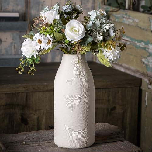 Ceramic Vases for Home Decor - Matte White Textured Vase Set of 3, Decorative Vases for Flowers, Pampas Grass Arrangement, Table Centerpieces, Office and Living Room Boho Decor