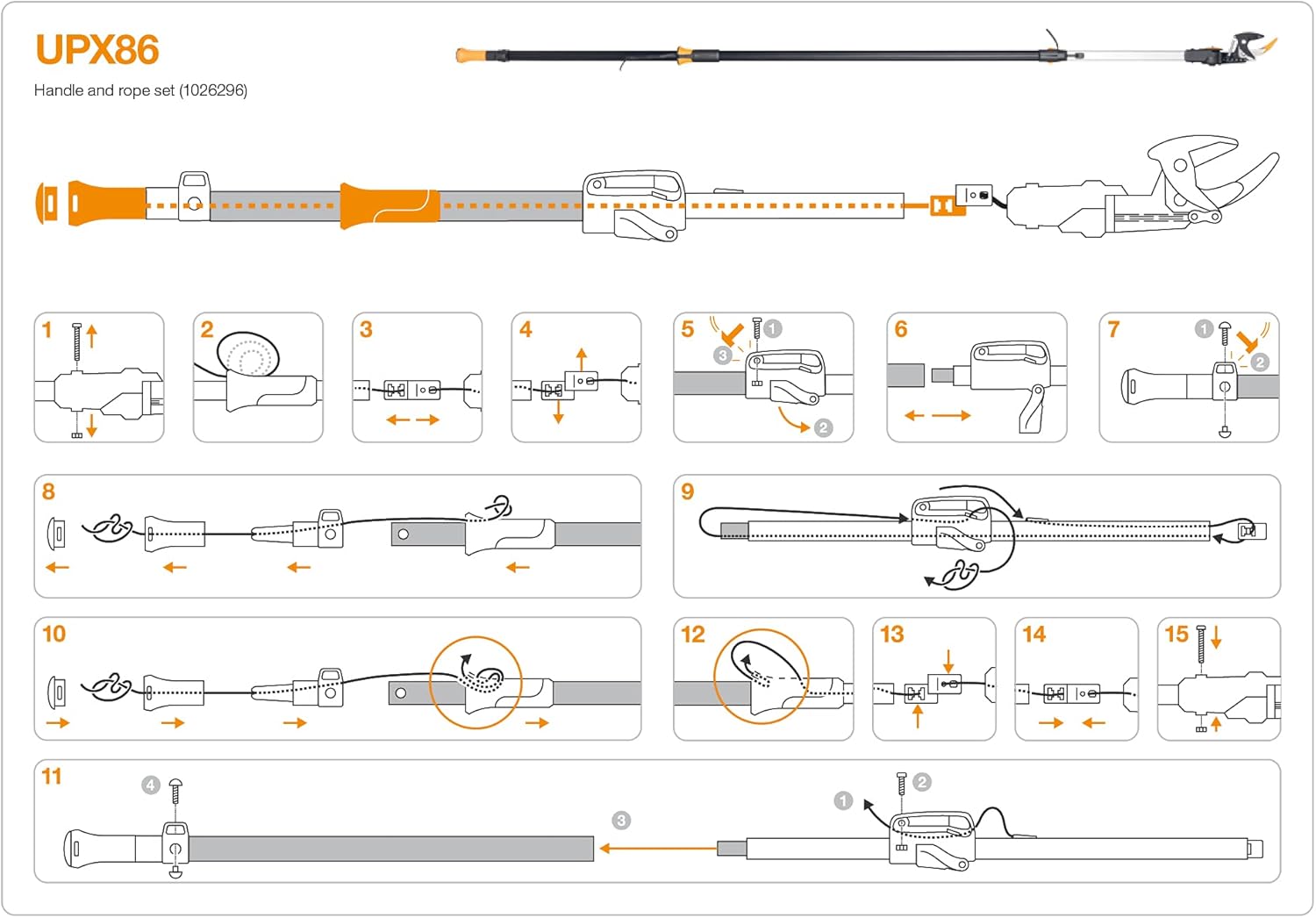 Fiskars Original replacement handle and rope, For Fiskars Bypass telescopic tree pruner UPX86, Black/Orange, 1026296