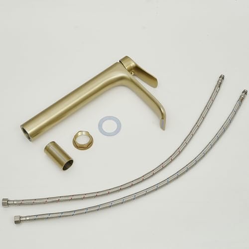 Brushed Nickel Vessel Sink Faucet, Single Handle Modern Waterfall Tall Bathroom Sink Faucet, Brass, 1 Hole, 1 Handle, Deck Mount, Vessel Install, Includes Supply Hoses, Drain, Manual