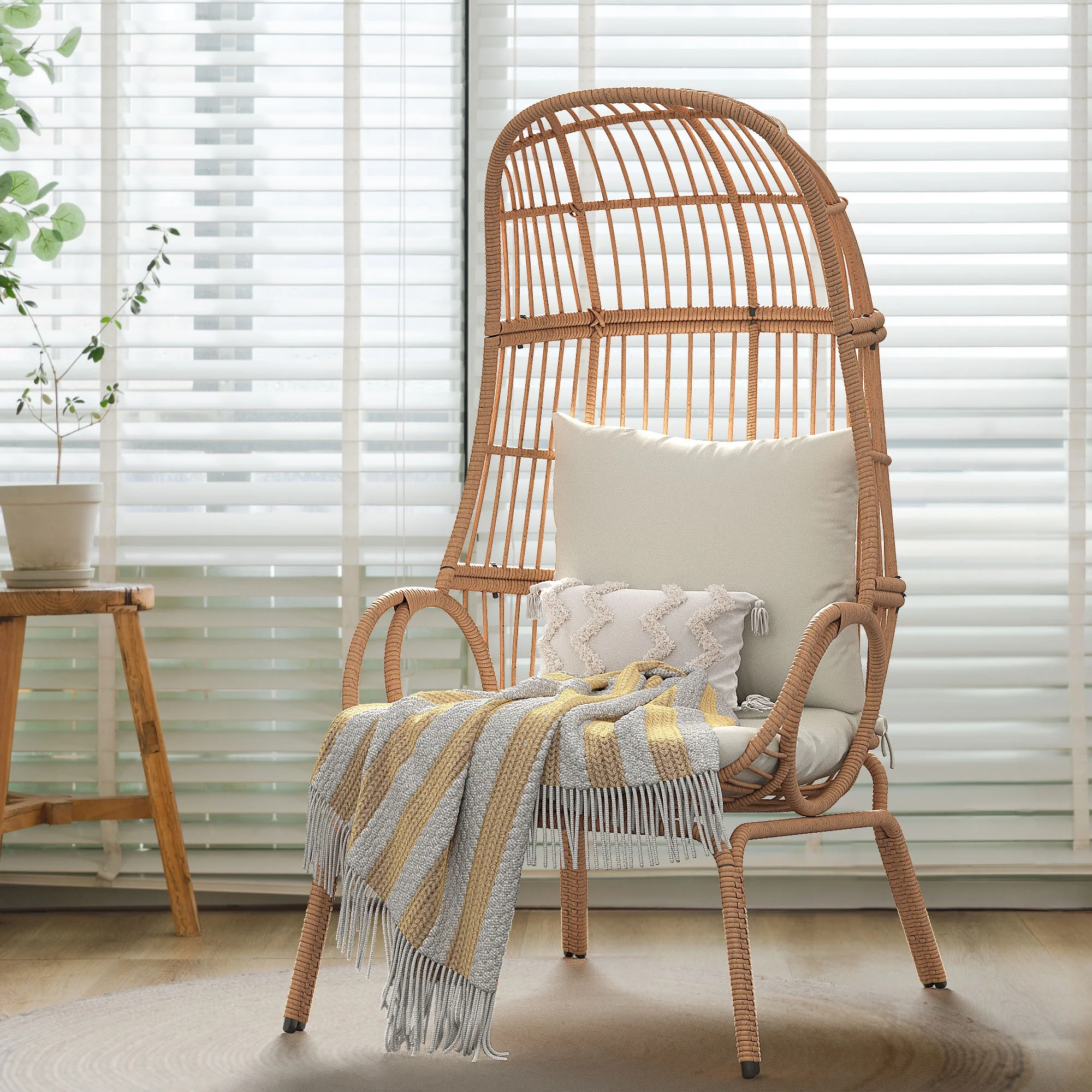 DWVO Wicker Egg Chair Oversized Indoor Outdoor Patio Lounger w/ Steel Frame, 440lb Capacity -Beige