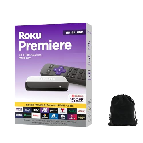 Roku Premiere | 4K/HDR Streaming Media Player Wi-Fi Enabled with Premium High Speed HDMI Cable and Simple Remote, Includes Pouch, White