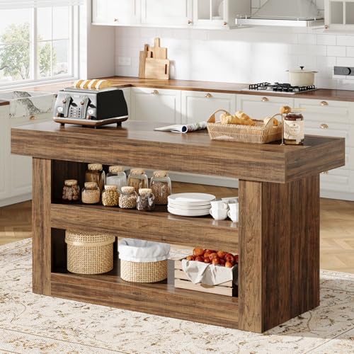 Tribesigns 55-Inch Kitchen Island with Storage, Farmhouse 3-Tier Stationary Island Table with Large Countertop, Wooden Coffee Bar Table Storage Cabinet for Kitchen, Dining Room, Living Room, Brown