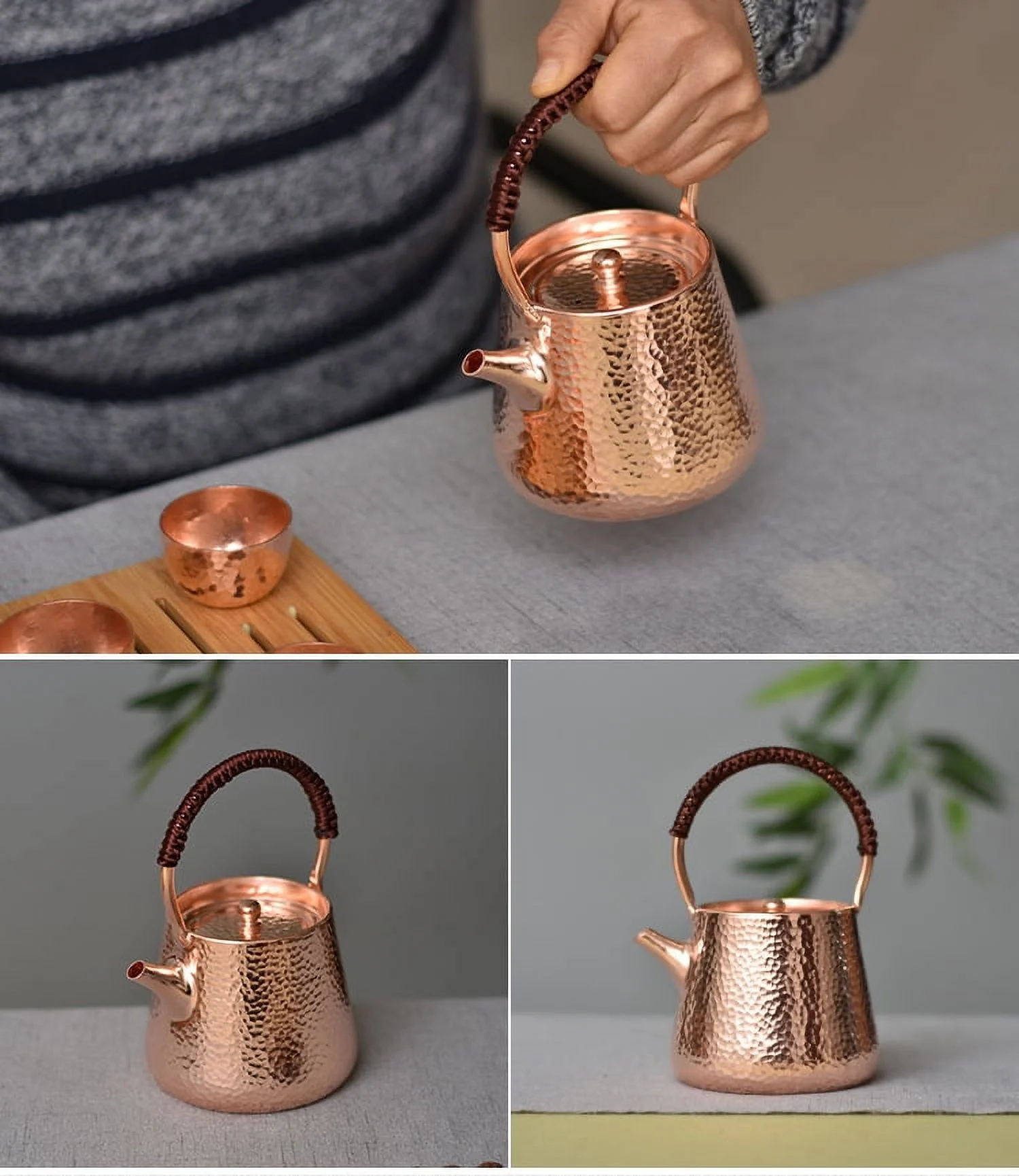 Wollet Hand-made Small Pure Copper Teapot, 15OZ, Lifting Beam Teapot Thickened Small Copper Pot Kung Fu Tea Set