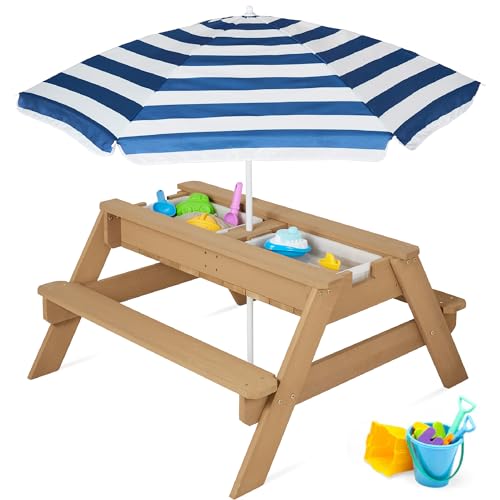 Best Choice Products Kids 3-in-1 Sand & Water Table, Wood Outdoor Convertible Picnic Table w/Umbrella, 2 Trays, Removable Top, 220lb Capacity Per Bench - Navy