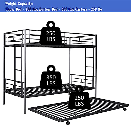 Bunk Bed, Twin Over Twin Metal Bunk Bed with Trundle Heavy Duty Bunk Beds Frame with 2 Side Ladders Convertible Bunkbed with Safety Guard Rails, No Box Spring Needed (Black, Twin Over Twin)