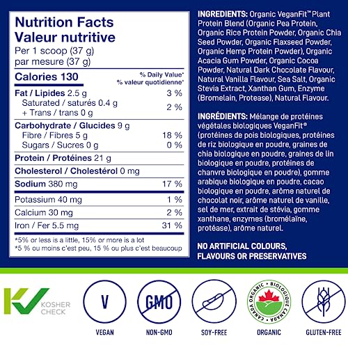 LeanFit Organic Plant-Based Protein Powder, Natural Chocolate Flavor - Vegan, USDA Organic Certified, Soy-Free, Gluten-Free, Dairy-Free, Sugar-Free, Non-GMO - 21g Protein, 18 Servings, 1.58 Pound Tub