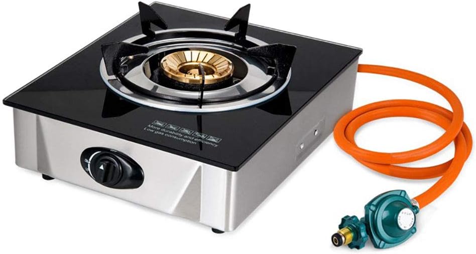 Single Propane Gas Burner Stove with Auto Ignition Tempered Glass Top Hose & Regulator for Camping and Outdoor Cooking (One Burner)