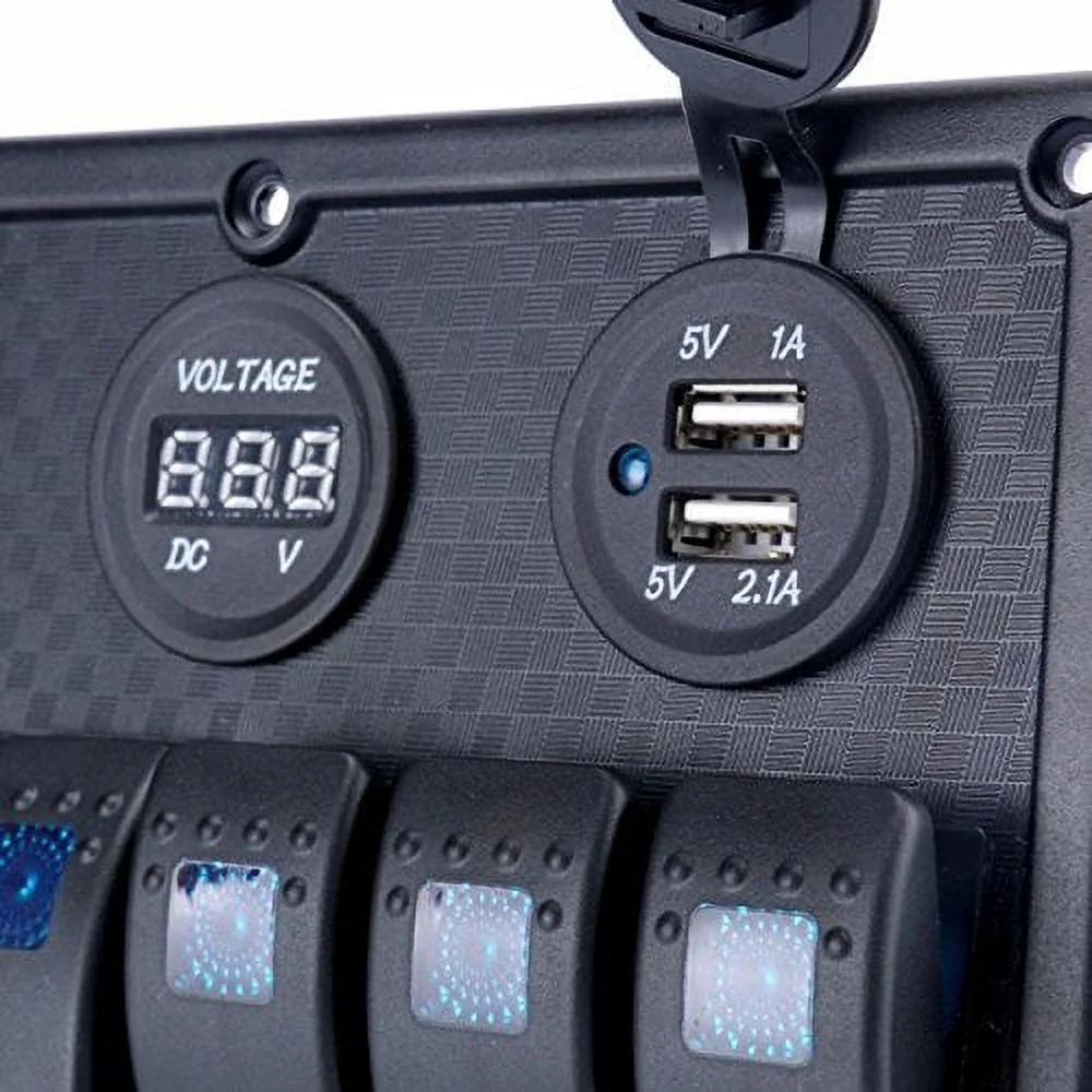 Pactrade Marine Car RV Boat 6 Gang Blue LED Rocker Switch Panel USB Voltmeter