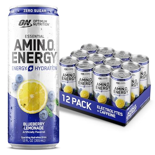 Optimum Nutrition Amino Energy Sparkling Hydration Drink, Electrolytes, Caffeine, Amino Acids, BCAAs, Sugar Free, Juicy Strawberry, 12 Fl Oz, 12 Pack (Packaging May Vary)