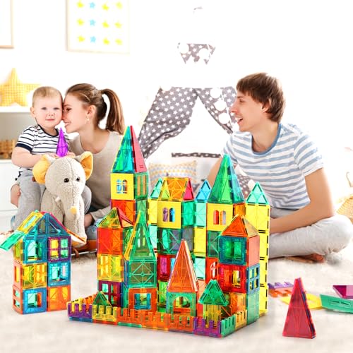 FNJO Magnetic Tiles, 100PCS Building Blocks, Magnets Building Set, STEM Construction Stacking Toy Gift for Kids 3+ Boys and Girls Preschool Kindergarten Toy