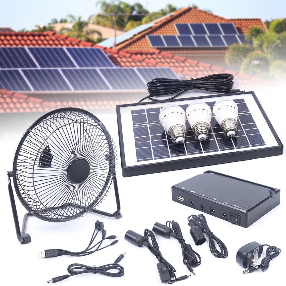 MIDUO Solar Power Energy Lighting System Kit Set W/ 3 LED Lights 1*Fan 1 Solar Panel