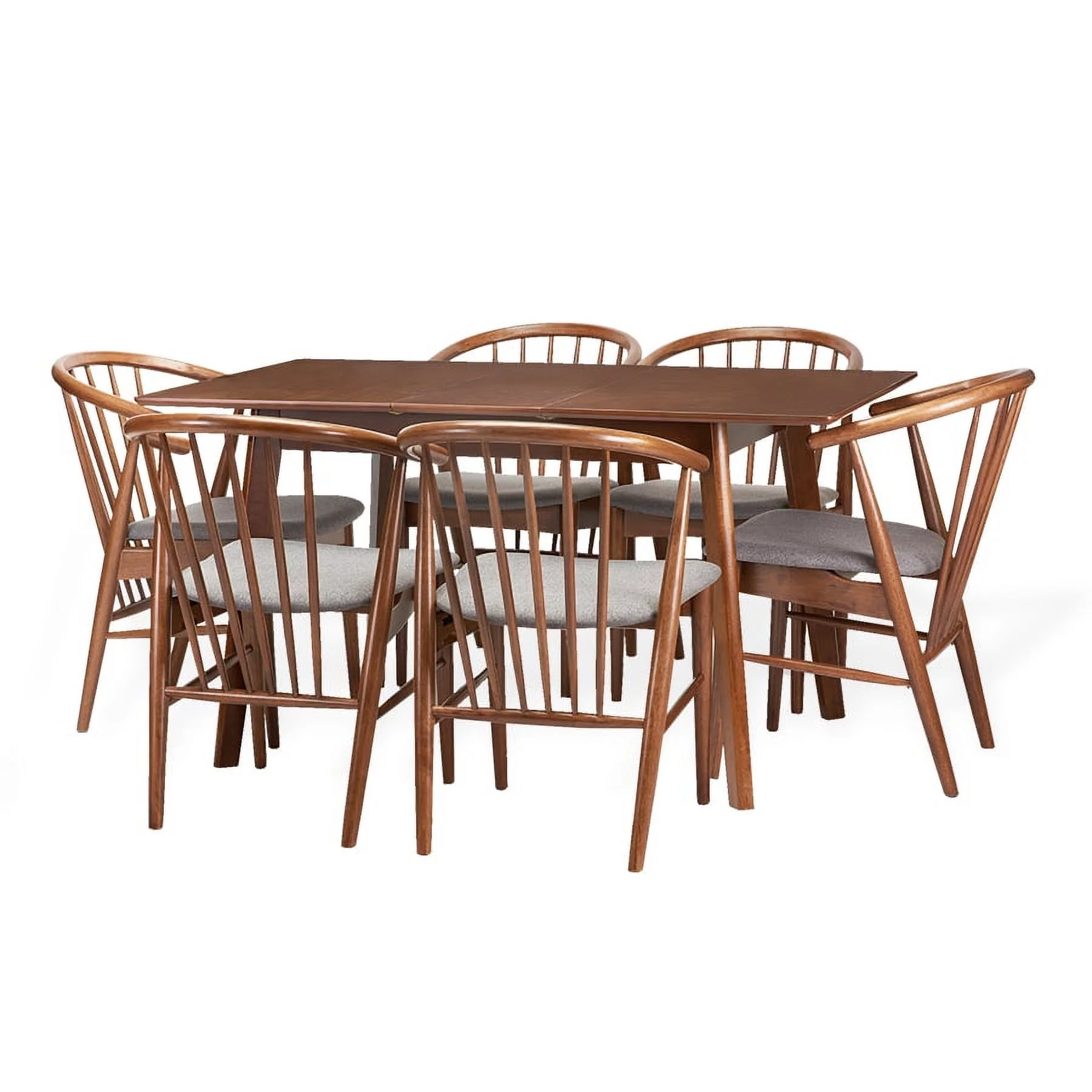 Dining Room Set of 6 Toby Chairs and Extendable Table Kitchen Modern Solid Wood w/Padded Seat Medium Brown Color with Light Gray Cushion