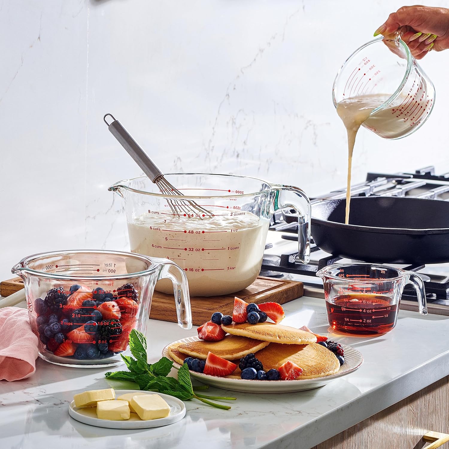 Set of 4 Glass Measuring Cups - Kitchen Mixing Bowl, Liquid Measure Cup, Glass Bakeware Batter Bowls. 1 cup, 2 cup, 4 cup, 8 cup.