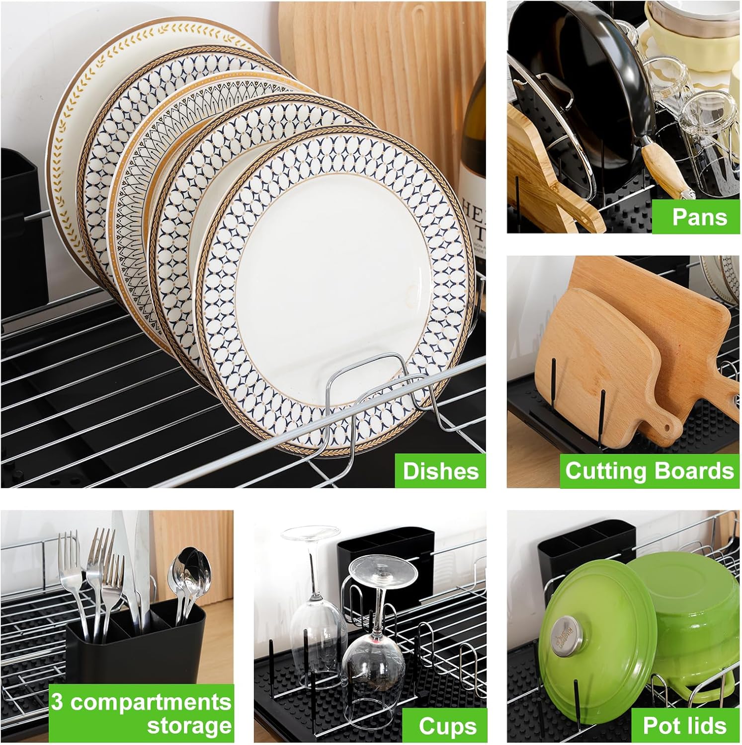 Fixwal Large Dish Drying Rack, Dish Rack for Kitchen Counter, Expandable Stainless Steel Dish Drainers, Kitchen Gadgets with Utensil Holder & Drainboard for Various Kitchenware