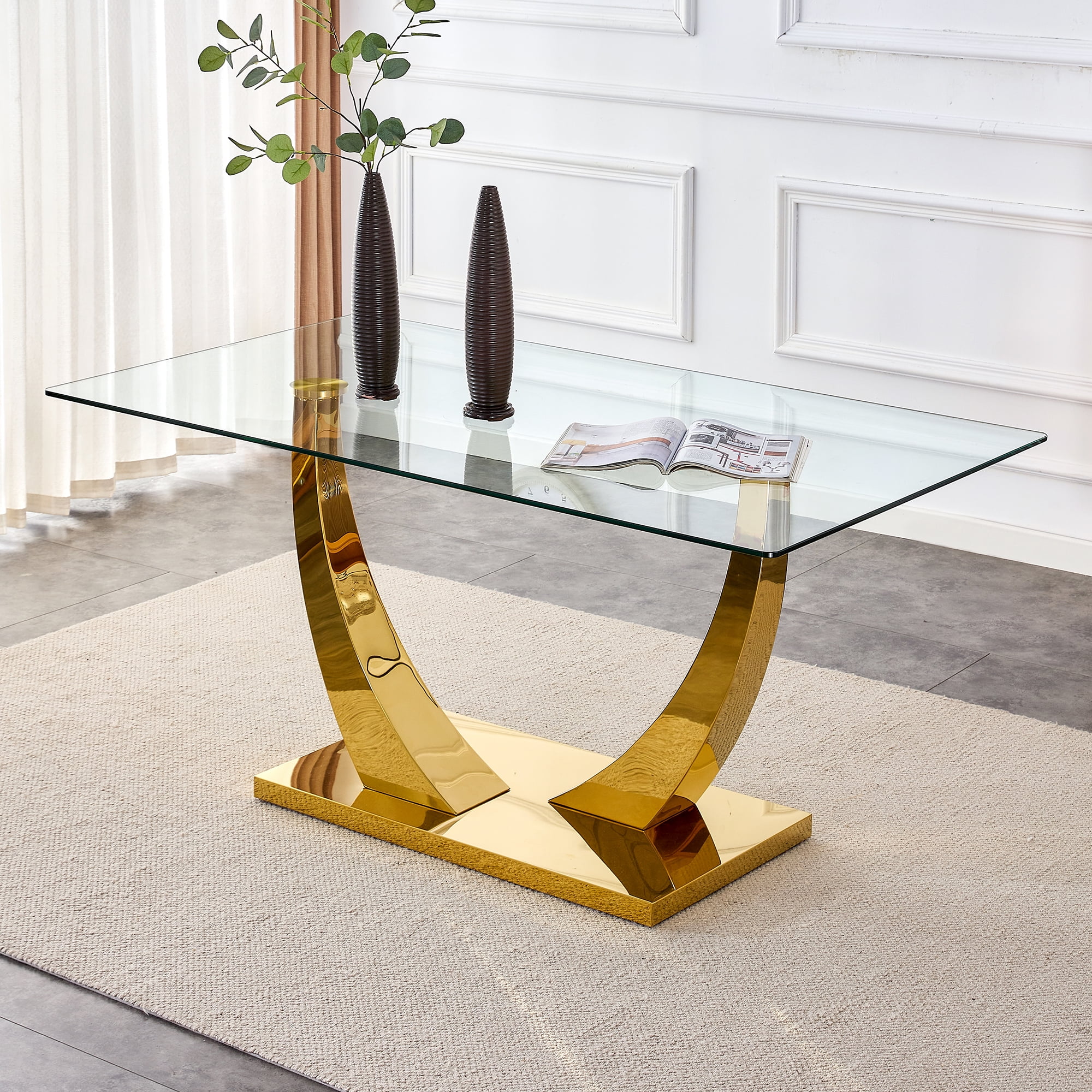 Atumon Glass Dining Table, Rectangle Glass Table with Plating Metal Legs, Modern Glass Table for Kitchen Dining Room, 63