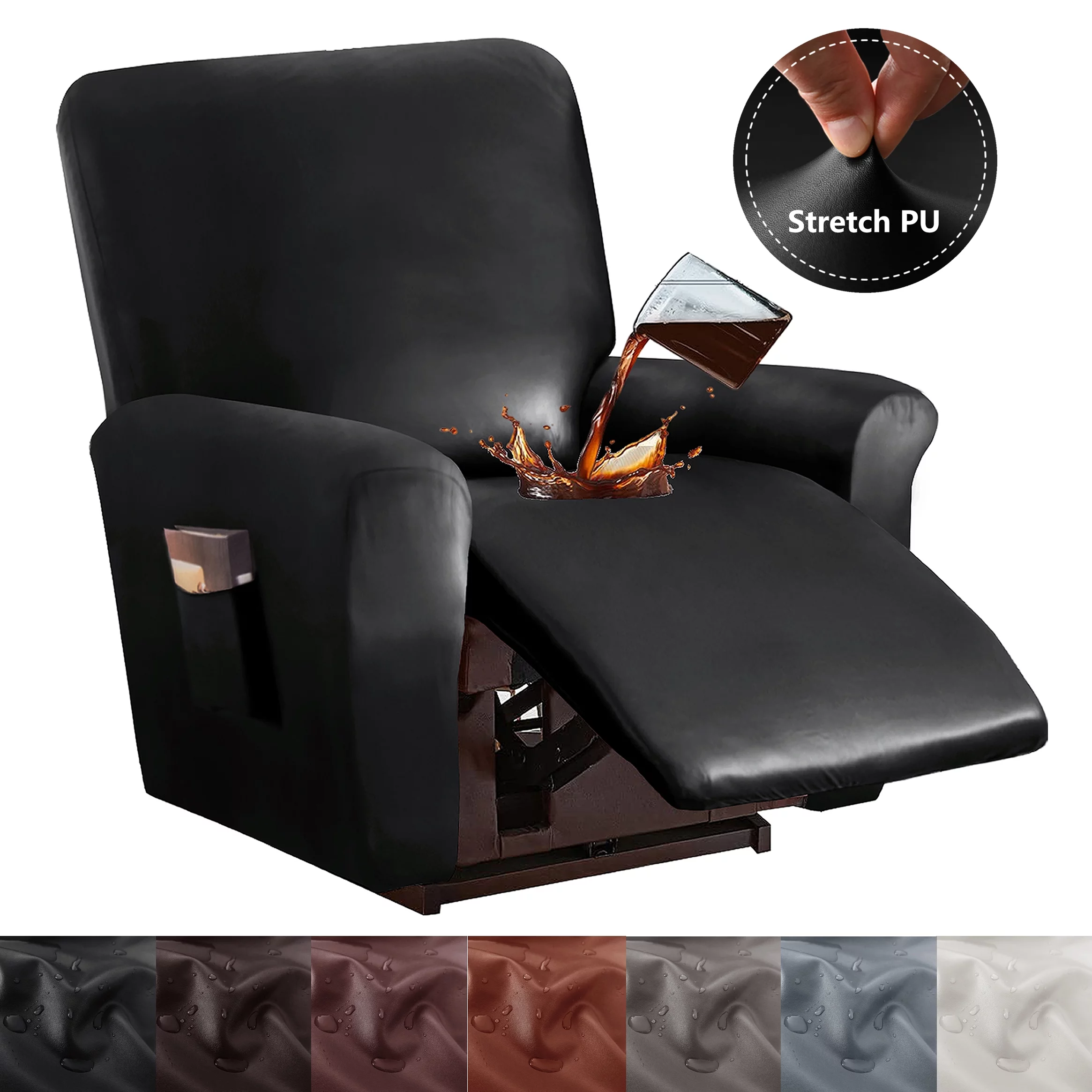 PU Leather Recliner Chair Cover 4-Pieces Waterproof Stretch Reclining Armchair Couch Slipcover Furniture Protector with Pockets, 1 Seater/Black