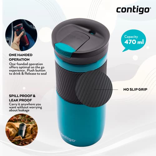 Contigo Byron Snapseal Travel Mug, Stainless Steel Thermal Mug, Vacuum Flask, Leakproof Tumbler, Coffee Mug with BPA Free Easy-Clean Lid, 590 ml, Black