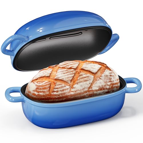 Cast Iron Dutch Bread Oven - 2.5QT Dutch Oven for Sourdough Bread Baking, Cast Iron Bread Loaf Pan with Lid, Easy Homemade Sourdough Dutch Oven, Blue Oval Bread Baking Pan, Gift for Family & Baker
