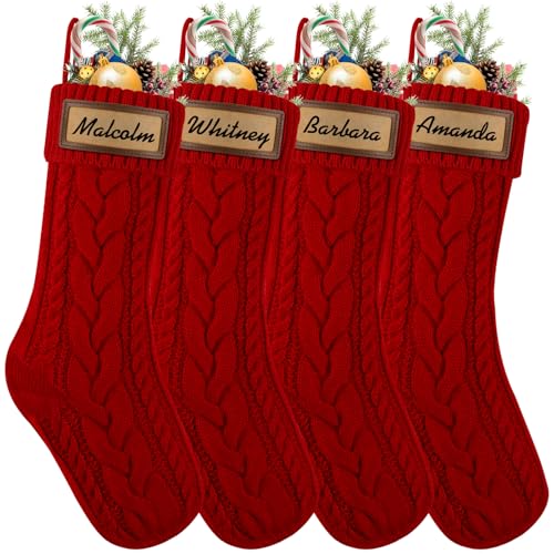 4PACK Christmas Stockings,18Inches Large Cable Knitted Stocking Personalized Xmas Hanging Stocking Decorations with Name Tags for Holiday Christmas Party Family Decor(Red White