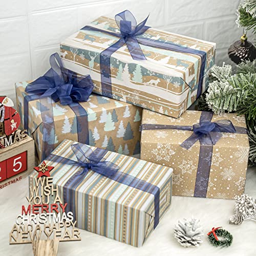 RUSPEPA Christmas Kraft Wrapping Paper - Owl, Reindeer, Christmas Ball and Text Design - 4 Rolls - 30 inches x 10 feet per Roll